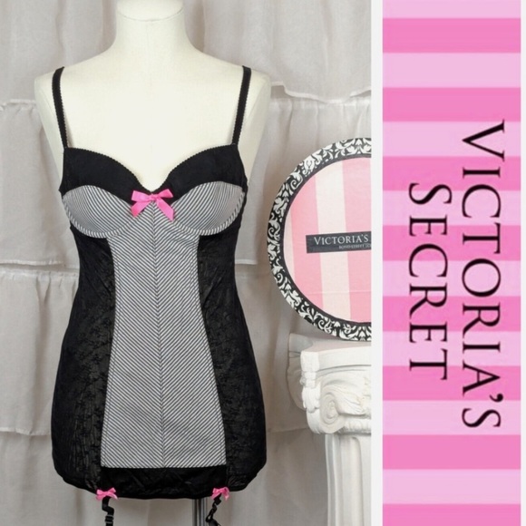 💕Victoria’s Secret Black/White Striped Corset/ Straps Pink Accents -Size L - Picture 1 of 12